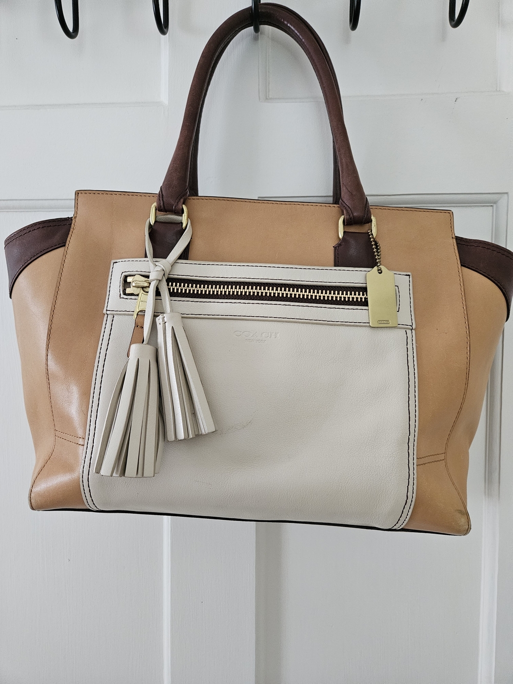 COACH Two-Tone Leather Tote in Cream, Tan and Brown